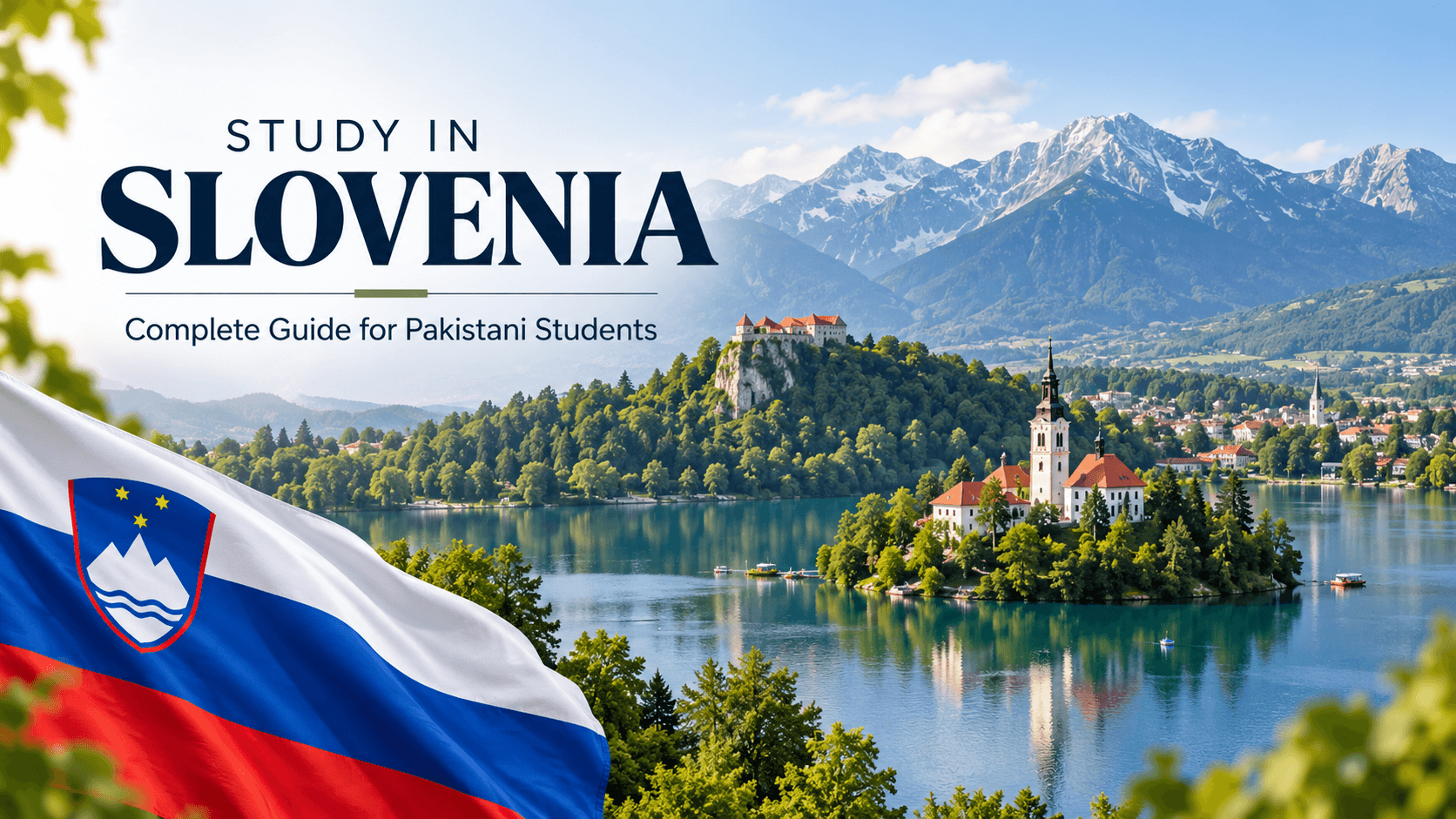 Study in Slovenia with Lake Bled, Slovenian flag, island church, castle, and Alpine mountains