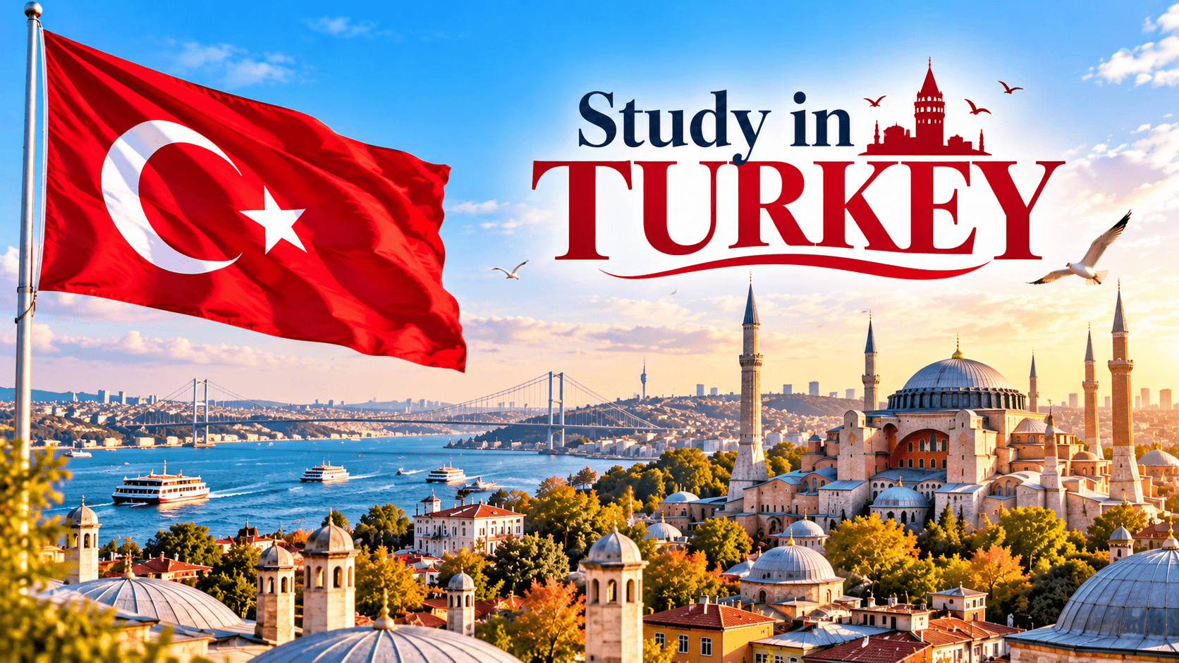 Study in Turkey poster featuring the Turkish flag, Istanbul skyline, Bosphorus Bridge and historic mosque