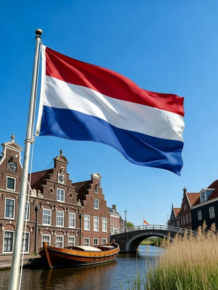 Netherlands flag waving over a canal with traditional Dutch buildings, a bridge, and a boat under a clear blue sky.