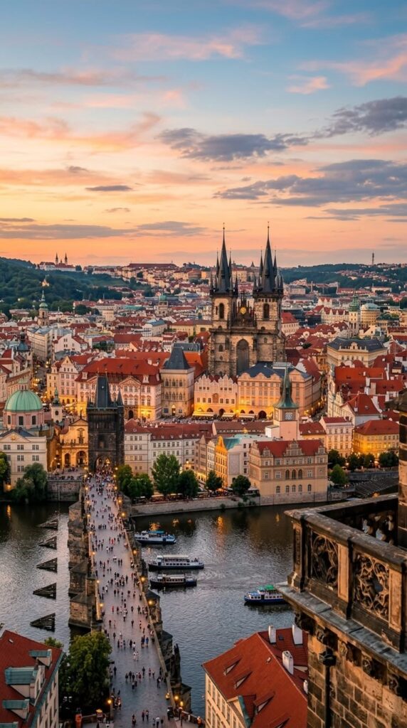 Prague, Czech Republic cityscape at sunset with the historic Charles Bridge, Vltava River, and Church of Our Lady before Týn.
