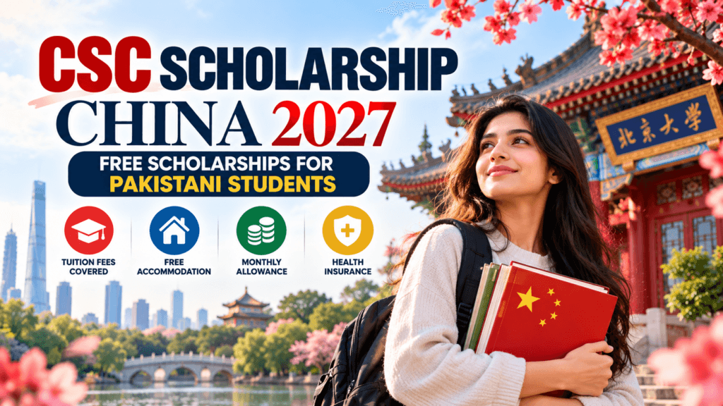 CSC Scholarship China 2027 for Pakistani students featuring fully funded scholarship benefits, tuition fee coverage, accommodation, monthly allowance, and health insurance.