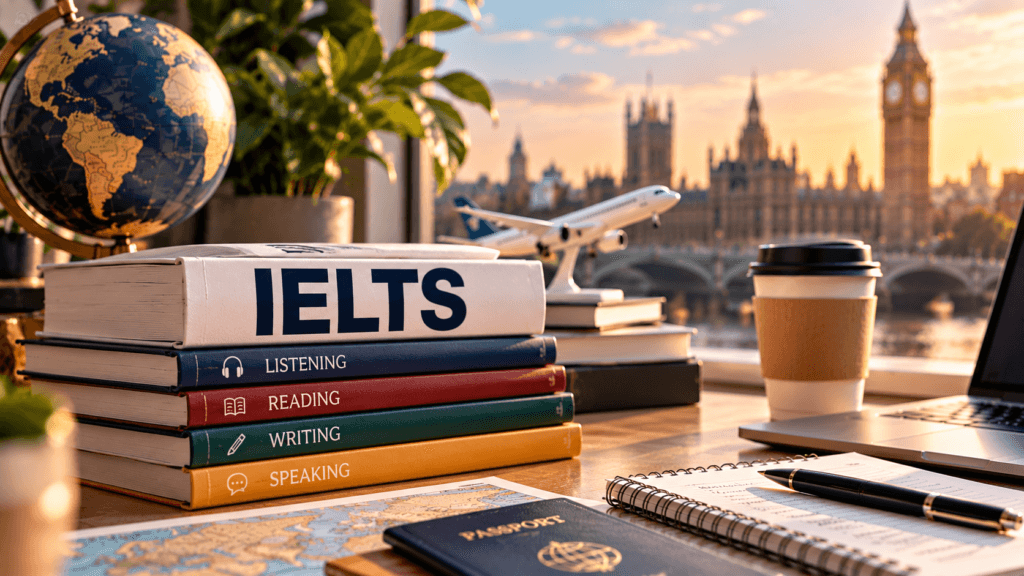 IELTS study guide with IELTS books, study materials, globe, passport, laptop, and London skyline representing study abroad preparation.