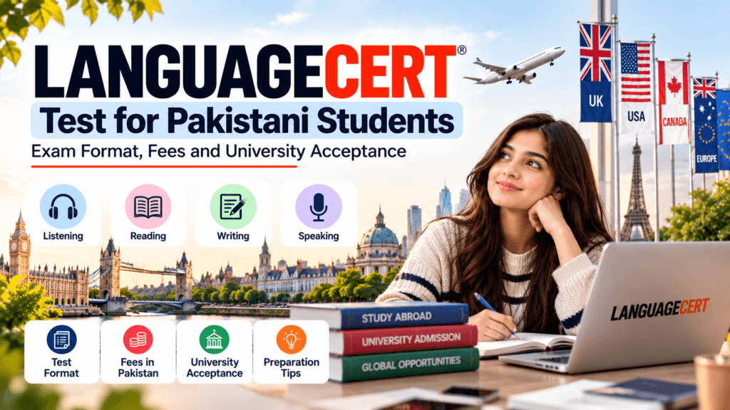 LanguageCert test guide for Pakistani students planning to study abroad, featuring exam skills, university acceptance, test format, fees, and preparation tips.