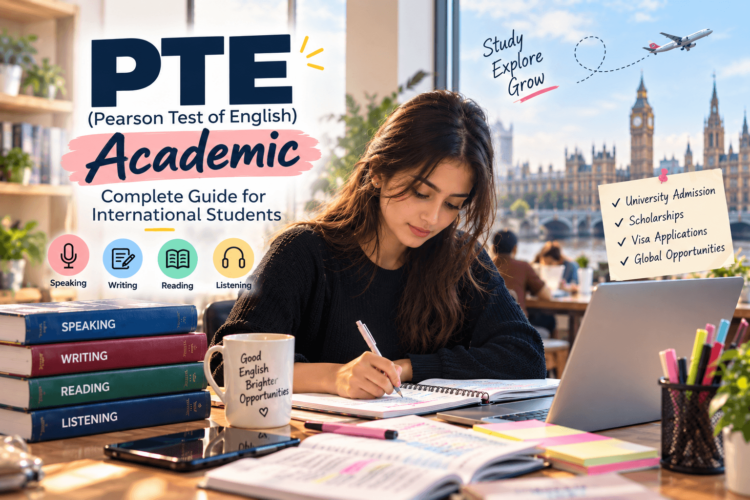 PTE Academic (Pearson Test of English) guide for international students featuring a student preparing at a study desk with books, laptop, and study materials.
