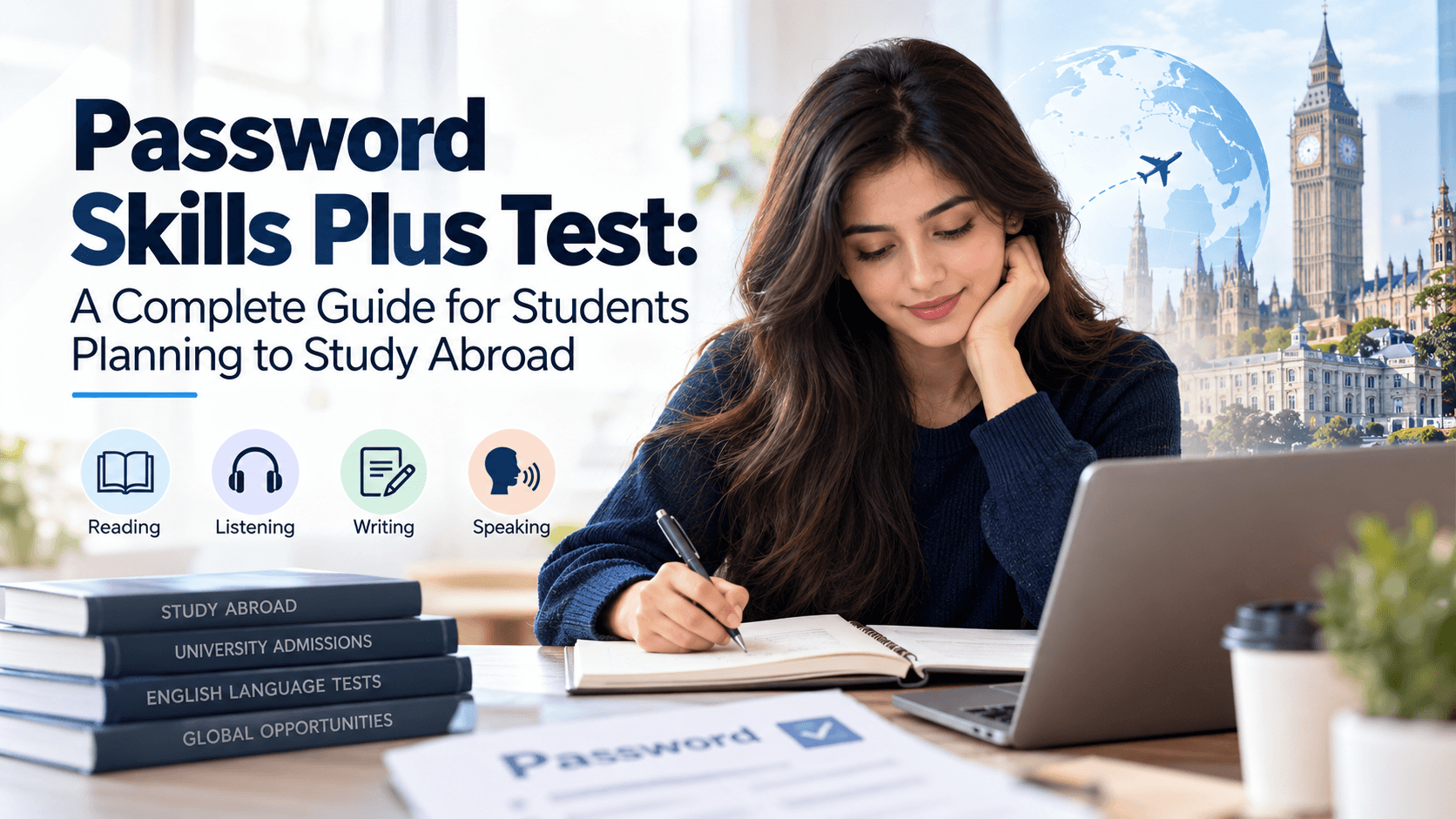 Password Skills Plus Test guide for students planning to study abroad, featuring English language skills, a student studying, and international education imagery.