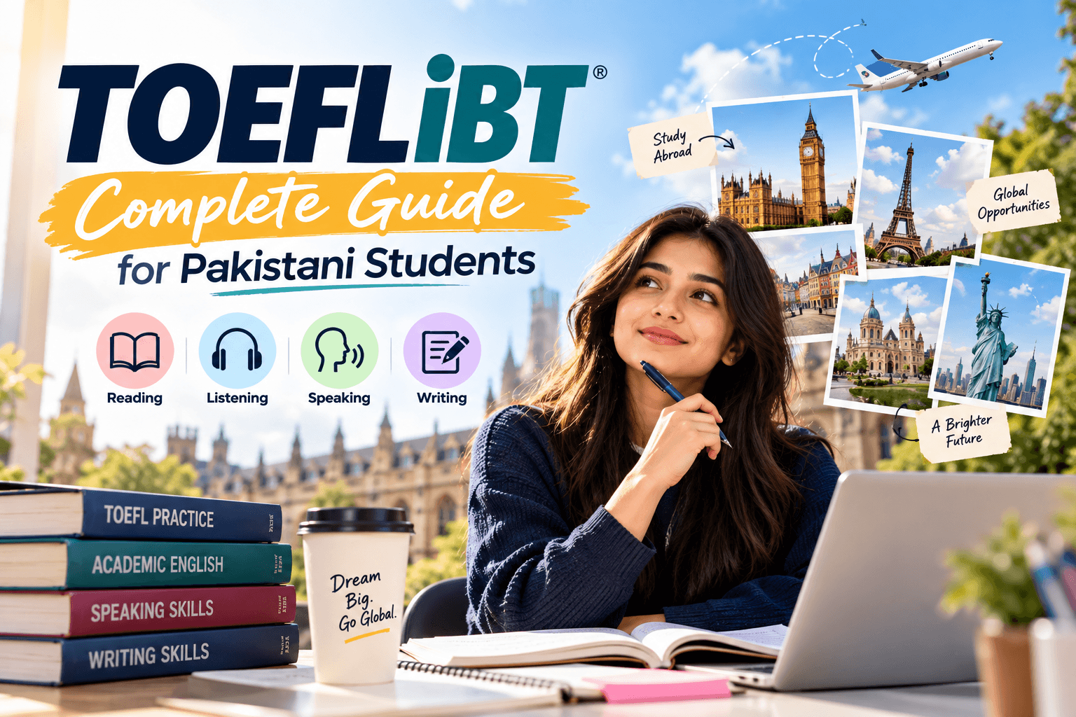 TOEFL iBT Complete Guide for Pakistani Students with a student preparing for the TOEFL test, study materials, and global study-abroad landmarks.